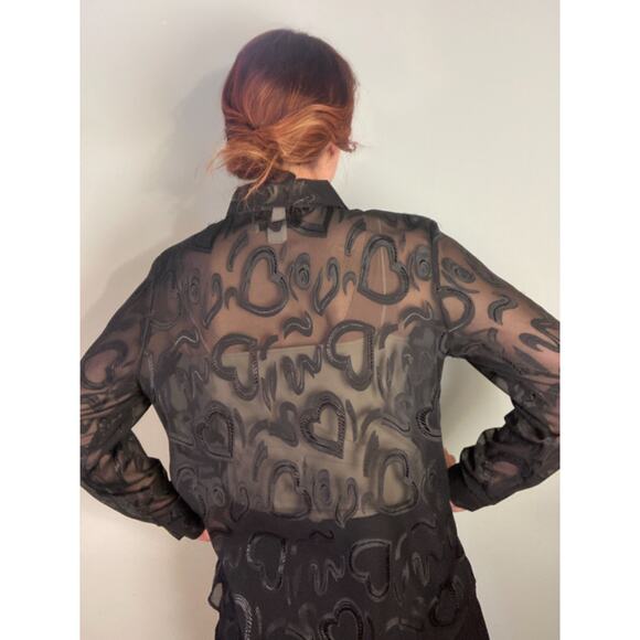 Vintage Heart Print Expose Sheer Blouse 90s Y2K Black Squiggle ~ Sz M - Picture 4 of 11